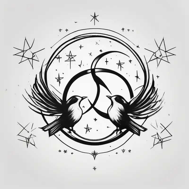 two birds sitting, stars and infinity theme couples tattoo floral sleeve tattoo